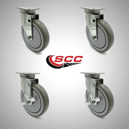 Service Caster 6 Inch SS Gray Polyurethane Swivel Top Plate Caster Set with 2 Brakes SCC SCC-SS20S614-PPUB-2-TLB-2